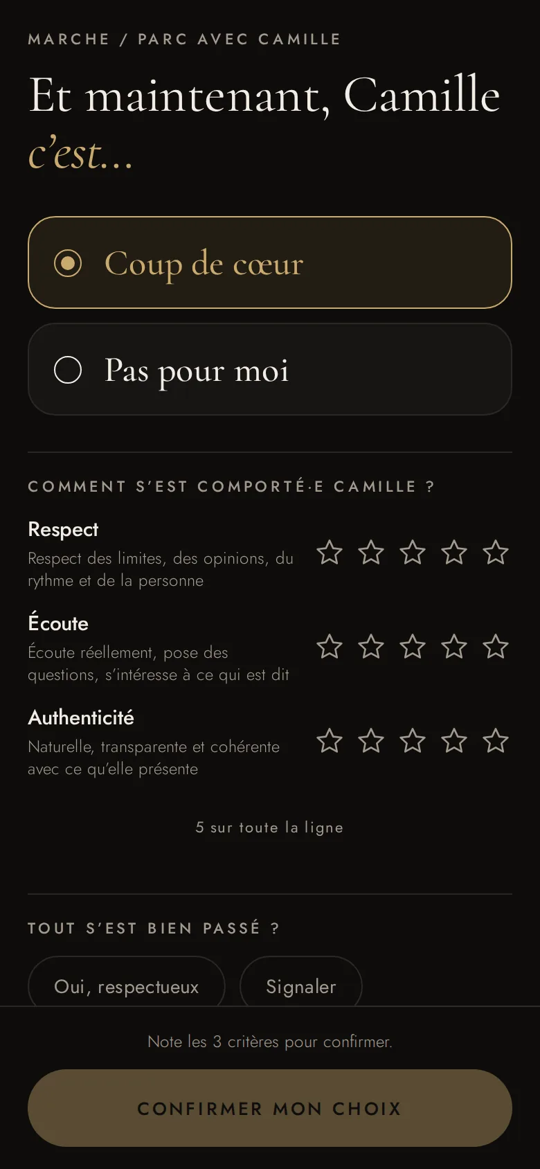 Écran de l’app : Coup de cœur ou Pas pour moi, en secret